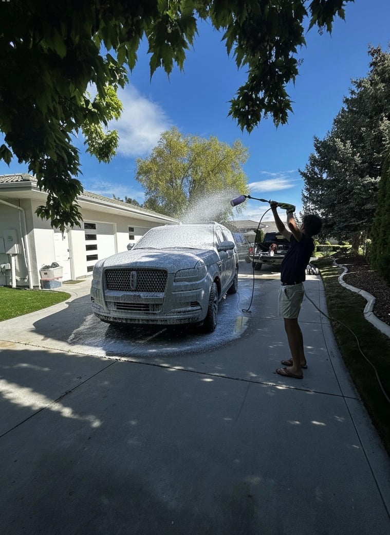 Person washing a blue SUV with a hose on a driveway in front of a house on a sunny day
