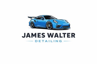 James Walter Detailing logo featuring a bright blue sports car with black text